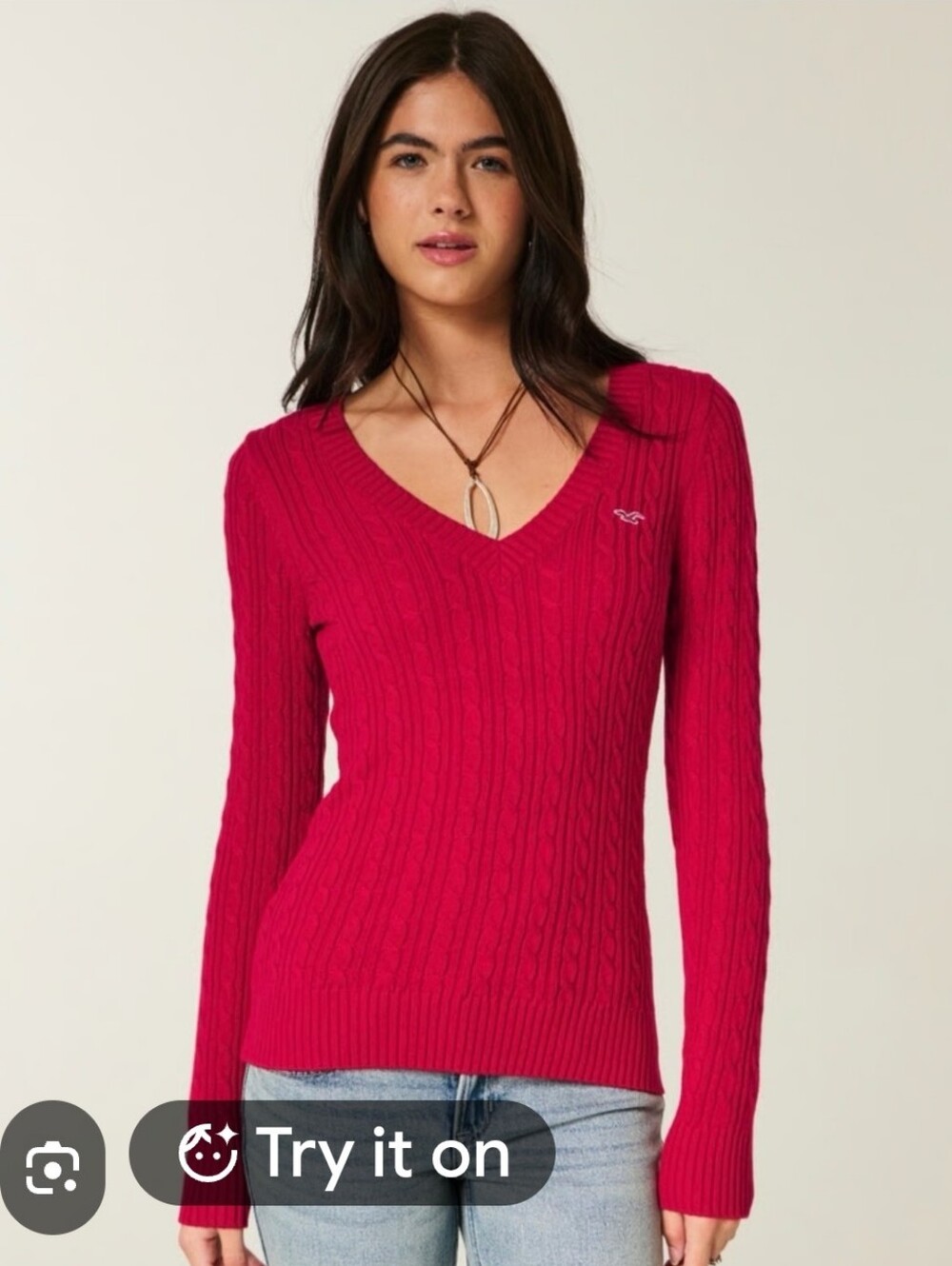 Hollister Vintage Y2K Red Cable-Knit V-Neck Sweater-Med